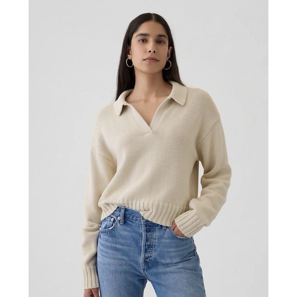 GAP Split Hem Polo Sweater Size Large Beige  Cream Oversized Cotton Knit Cropped
